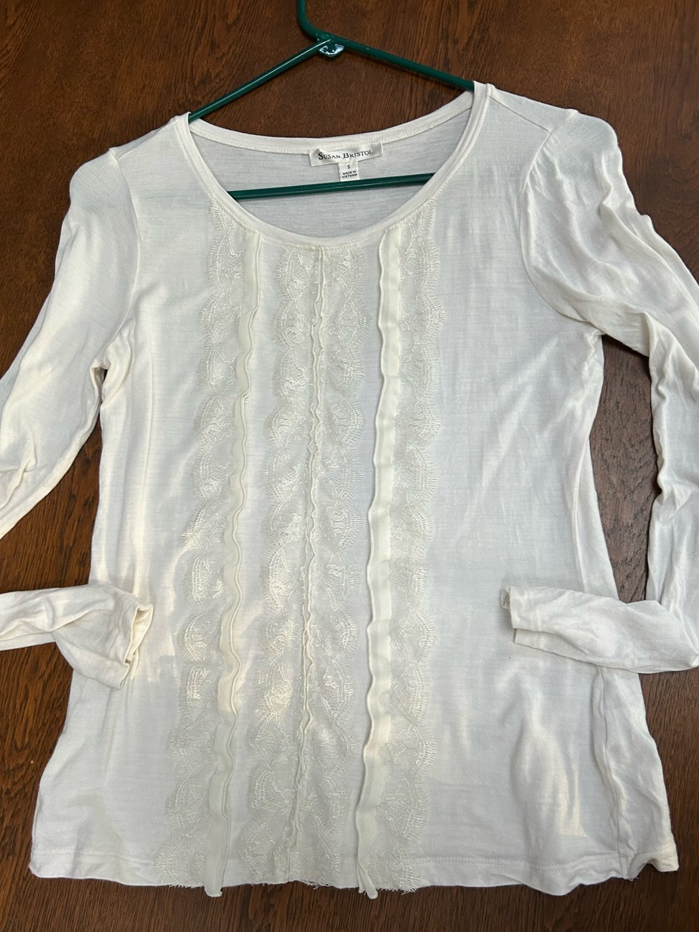 Susan Bristol Cream Lace-Trim Long Sleeve Tee, so Feminine, soft pullover top